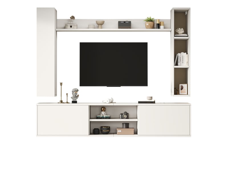  Ensemble meuble tv 4 pièces 180x35x33.5 cm avec 2 armoires murales, 1 module mural, panneau de particules, blanc  - Conforama A