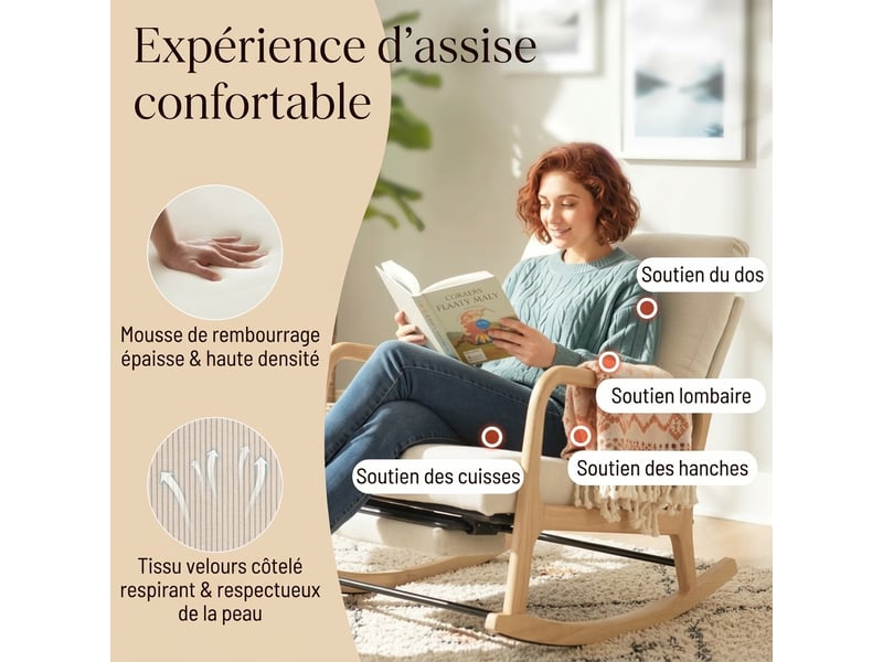  Fauteuil à bascule crème avec repose-pieds intégré, dossier réglable et coussin lombaire pour salon et chambre  - Conforama E