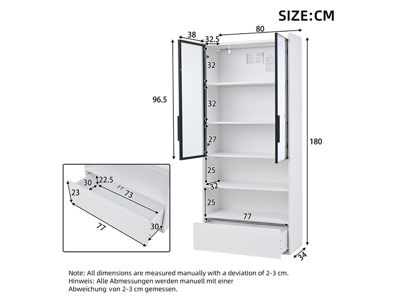  Vitrine haute 80x34x180 cm blanche avec led, portes en verre et tiroir  - Conforama C