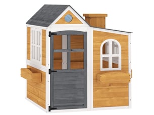 Cabane enfant extérieur en bois, maison enfant extérieureintérieure avec porte, fenêtres, jaune, 3 bacs à fleurs