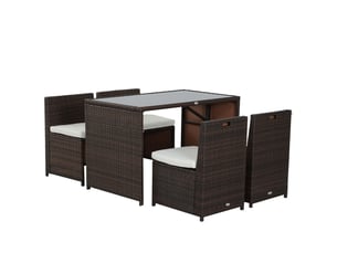 Ensemble de salon de jardin 5 pièces en polyrattan, résistant aux intempéries pour 4 personnes sur terrasse et balcon, marron+khaki avec table et 4 chaises