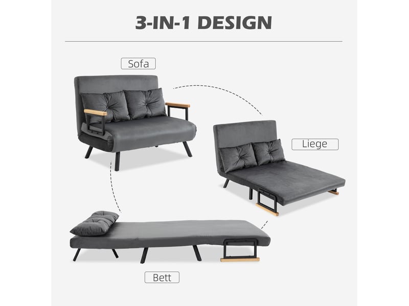  Fauteuil convertible avec dossier réglable et deux coussins, structure en acier et velours gris foncé  - Conforama D