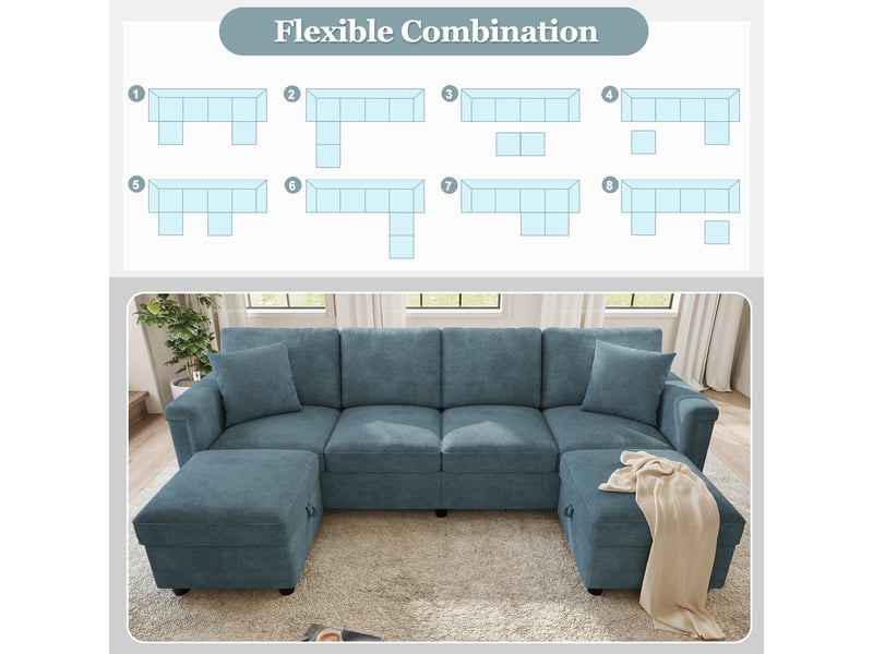 Canapé d'angle convertible 6 places en chenille bleu, 261 x 134 x 82 cm, forme en u, avec rangement, ports usb et usb-c, agencement modulable CARDUME ESTIVAL - Conforama D