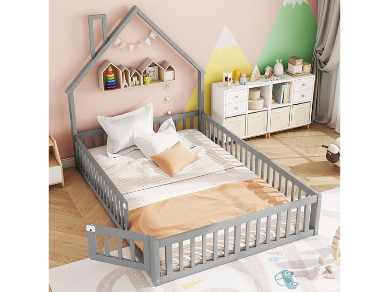  Lit enfant 140 × 190 cm 2 places avec barrière de sécurité et forme cheminée, sans matelas, en pin, gris  - Conforama E