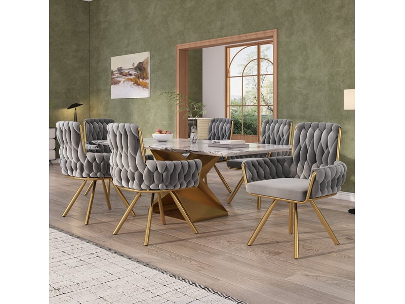Lot de 6 chaises de salle à manger, en tissu velouté gris+doré, avec accoudoirs, pivotantes, pieds métalliques - Conforama B