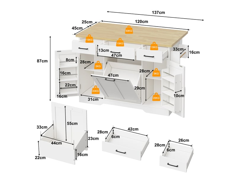  Îlot de cuisine mobile 120x70x87 cm avec plateau rabattable en mdf, blanc et naturel  - Conforama E