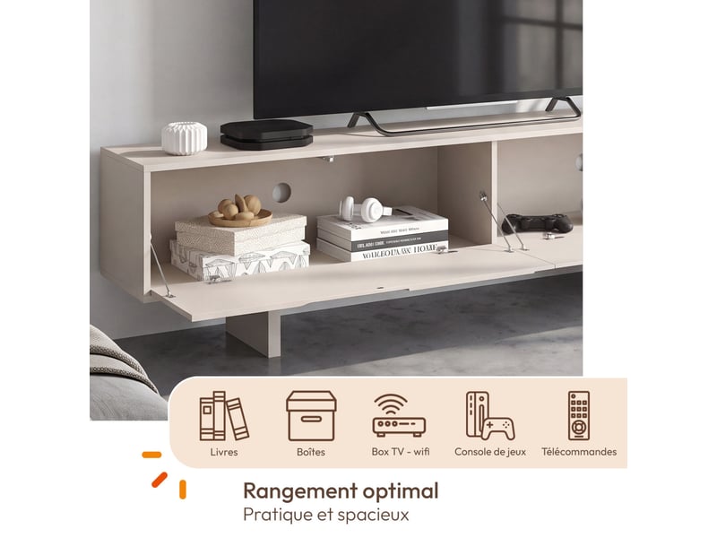  Meuble tv 180 cm arvin 2 portes à reliefs arrondis bois coloris beige  - Conforama D