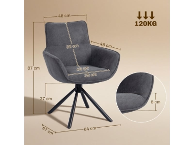  Lot de 2 chaises de salle à manger pivotantes 360° avec accoudoirs  - pieds métal, velours gris foncé  - Conforama D