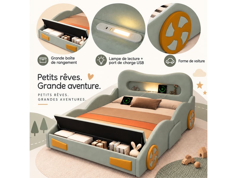 Lit enfant voiture 140 x 200 cm rembourré en flanelle avec led, port de charge et coffre, vert, sans matelas - Conforama D