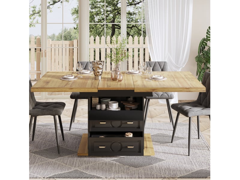 Table de salle à manger pour 6 personnes avec 2 tiroirs, 1 compartiment fermé et plateau extensible, décor bois - Conforama C