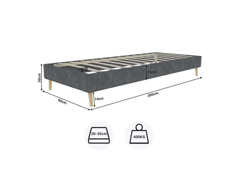  Lit 90x200 cm, lit adulte minimaliste, velours gris, pieds bois massif, sans tête de lit, structure stable  - Conforama C