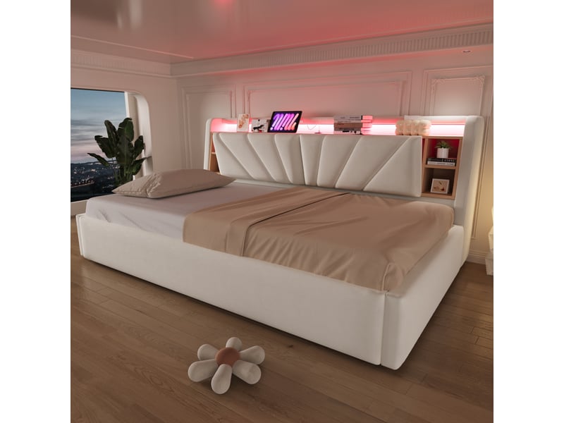 Lit simple 90x200 cm avec rangement hydraulique, tête de lit led avec usb et étagères, lit rembourré en velours avec coffre de rangement - beige - Conforama B