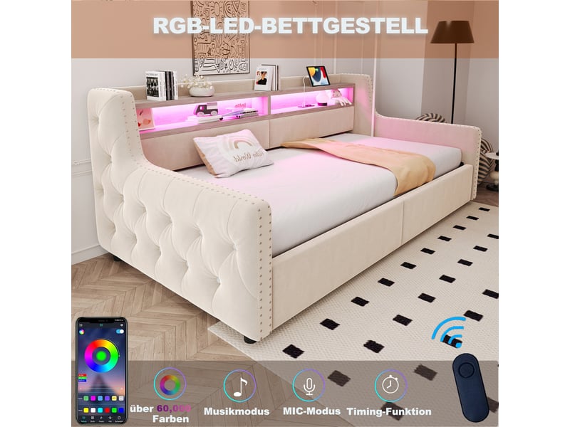  Lit canapé capitonné multifonction 90 x 200 cm beige, coffre hydraulique, led et prises, sommier inclus.  - Conforama C