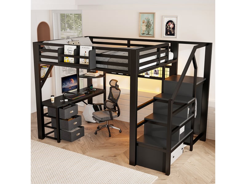  Lit mezzanine enfant 140x200 cm, bureau intégré avec station de charge, armoire, 3 tiroirs, étagère, panneau perforé, led, métal noir Radiant Stride - Conforama B