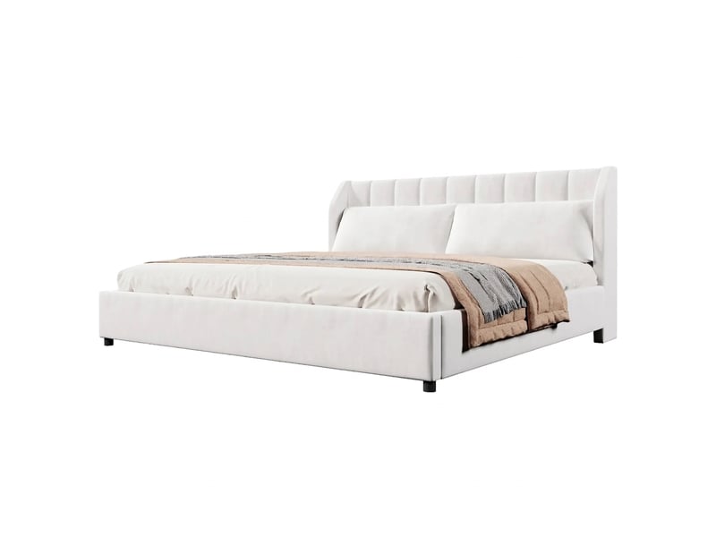  Lit capitonné 180x200 avec sommier à lattes inclus, tête de lit rembourrée, velours beige  - Conforama A