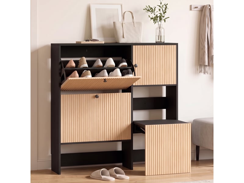  Meuble à chaussures étroit effet chêne, 2 tiroirs rabattables, tabouret dissimulé, 8 à 10 paires  - Conforama C