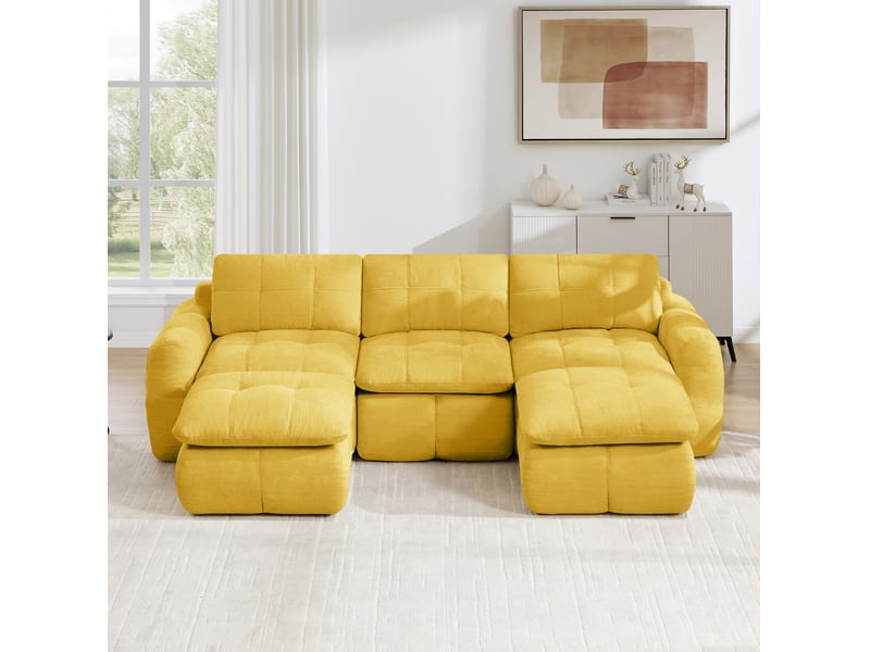 Canapé modulable 3 places en u modenvie avec 2 poufs, sans cadre en acier, mousse haute densité 32d, revêtement chenille jaune, 264 x 160 x 68 cm - Conforama D