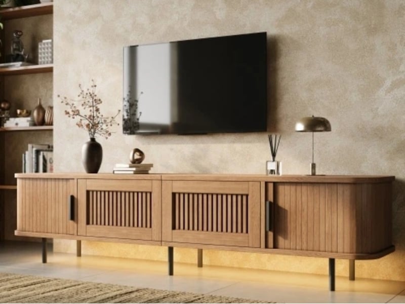  Meuble tv bas led, 2 portes coulissantes et 2 tiroirs, mdf et panneaux de particules, 180 × 40 × 44,5 cm, bois naturel  - Conforama B
