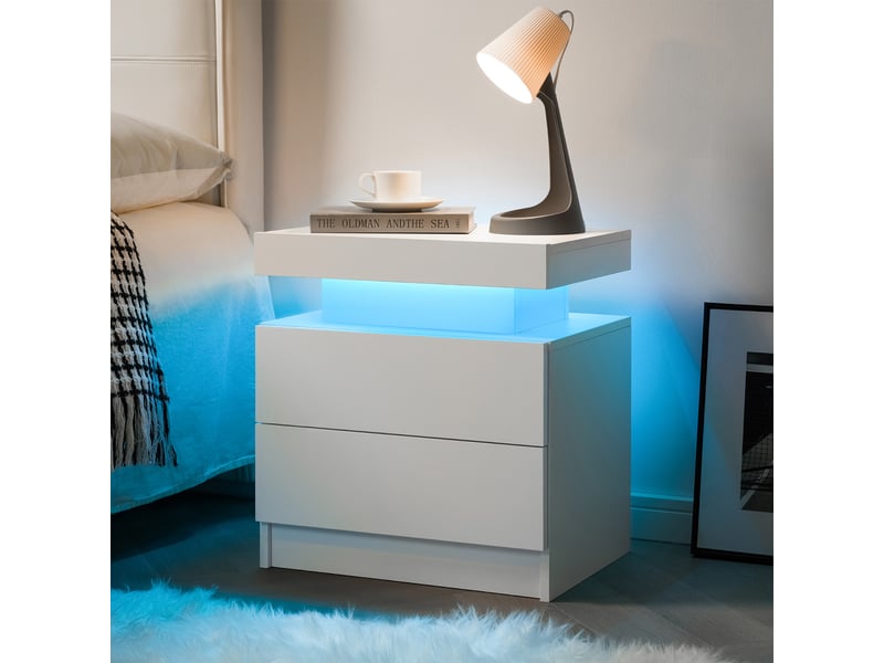  Table de chevet led blanche, 2 tiroirs, design moderne  - Conforama E