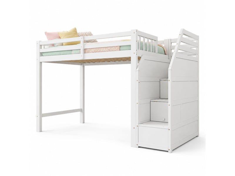 Lit mezzanine enfant simple 90×200 cm avec barrières et escalier rangement - sans matelas pin blanc - Conforama A