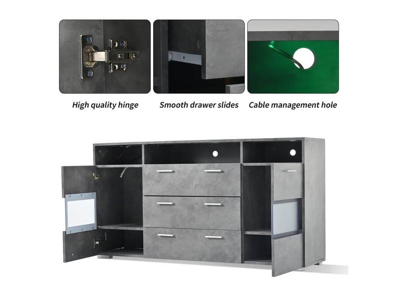  Buffet, 140 cm, led, portes acrylique transparent, 2 portes, 3 tiroirs, gris  - Conforama D
