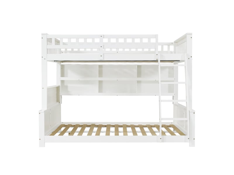  Lit superposé en bois 120 x 200 cm et 140 x 200 cm, avec échelle, double étagère et panneau perforé, blanc  - Conforama A