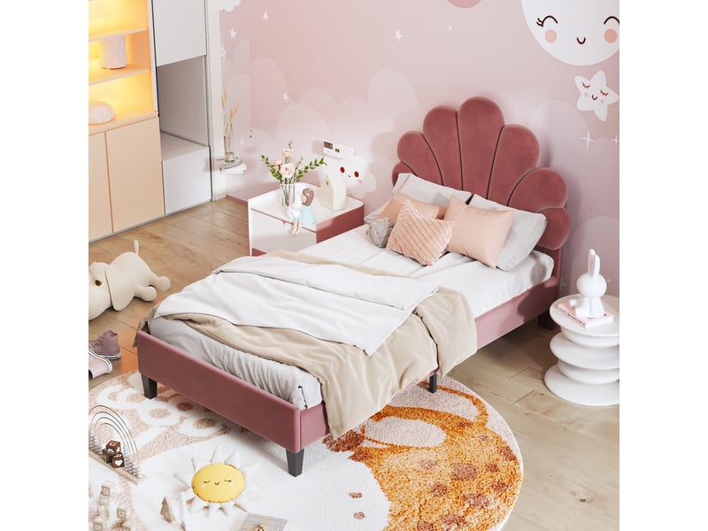  Lit enfant 90x200 cm en velours, lit simple avec tête fleurie et 12 lattes, cadre en mdf, sans matelas, rouge  - Conforama C