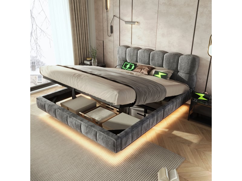  Lit double rembourré 140x190 cm effet suspendu, design nuage, rangement hydraulique, led, usbtype-c, chenille gris, sans matelas Fay Lum - Conforama B