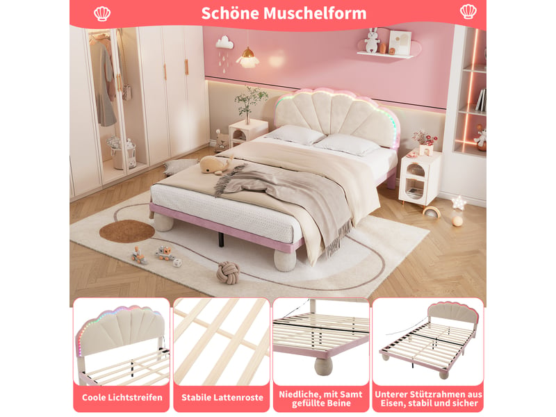 Lit enfant double 140×200 cm led multicolore  - sans matelas, velours beige et rose, tête ondulée  - Conforama E