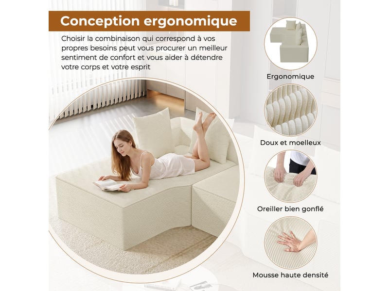  Canapé d'angle gauche modulaire 3 places compressé en velours côtelé,mousse haute densité,sans assemblage,canapé de salon,270x152x59cm,beige 270x152x59CM - Conforama R