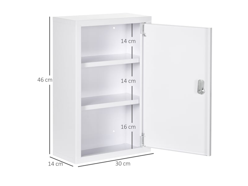  Armoire à pharmacie murale en acier, 3 étagères et 2 clés, pour salle de bain, 30 x 14 x 46 cm, blanche  - Conforama E