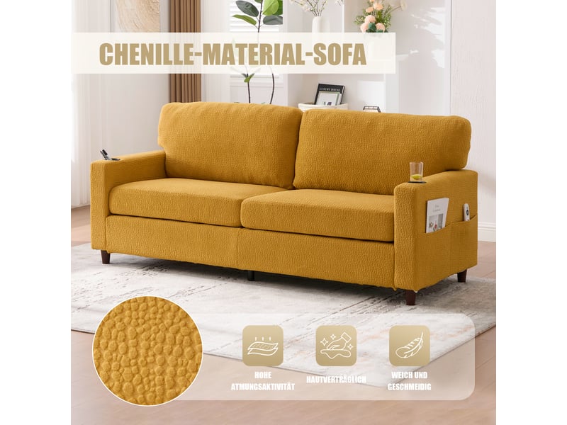  Canapé 2 places en chenille moutarde avec usb-c et led d'ambiance, structure bois et métal  - Conforama R