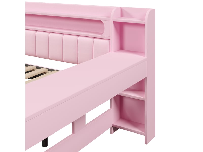 Lit tiroir gigogne 140x200 cm avec bureau, led 7 couleurs, ports usb, tissu lin rose, sans matelas - Conforama E