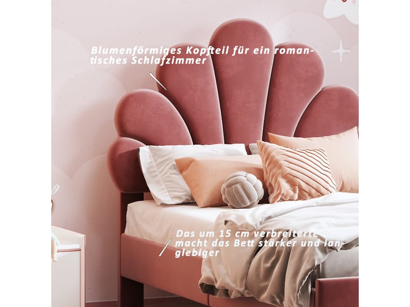 Lit enfant rembourré 90x200 cm, tête de lit fleur en velours, sommier à lattes, lit fille, beige rosé OMNIGLINT TRADING LTD - Conforama E