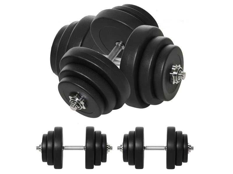 Set d'haltères réglables 40 kg noir avec 12 disques et 2 barres en acier chromé pour entraînement complet - Conforama A