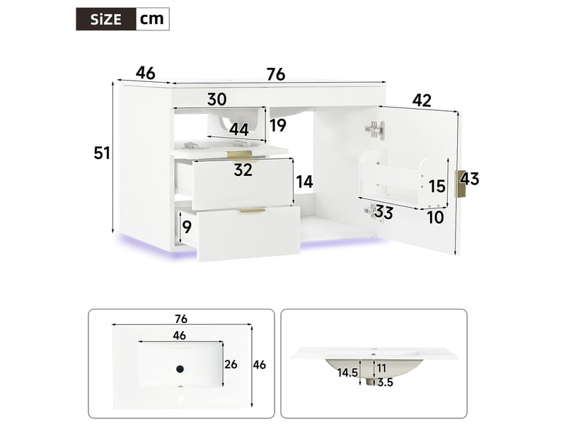  Meuble salle de bain suspendu 76 cm blanc avec led et vasque  - Conforama B