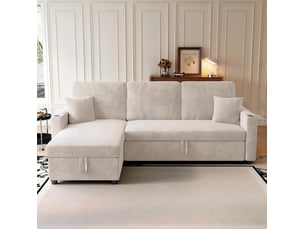 Canapé d’angle convertible 3 places en velours côtelé beige, méridienne gauche, rangement et ports usb type-c