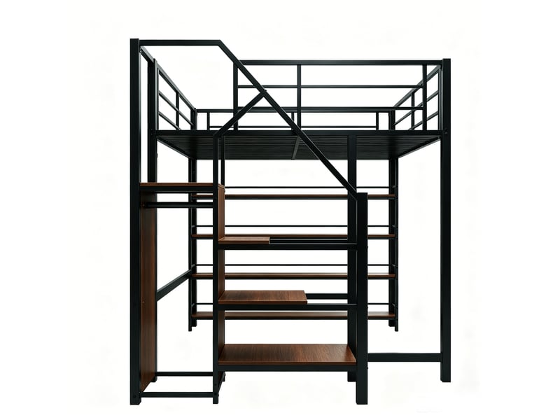  Lit mezzanine 140x200 cm noir, escalier sécurisé, armoire, étagères, rangements et barrières hautes  - Conforama E