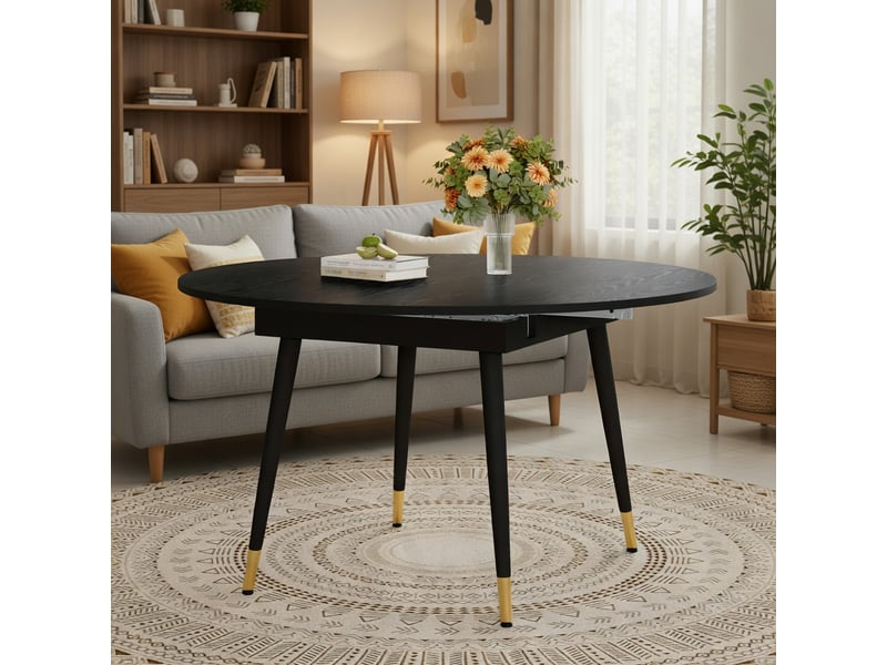 Table à rallonges, pouvant passer d'une forme ronde à une forme ovale, plateau en mdf rehaussé de touches dorées, noir  - Conforama D