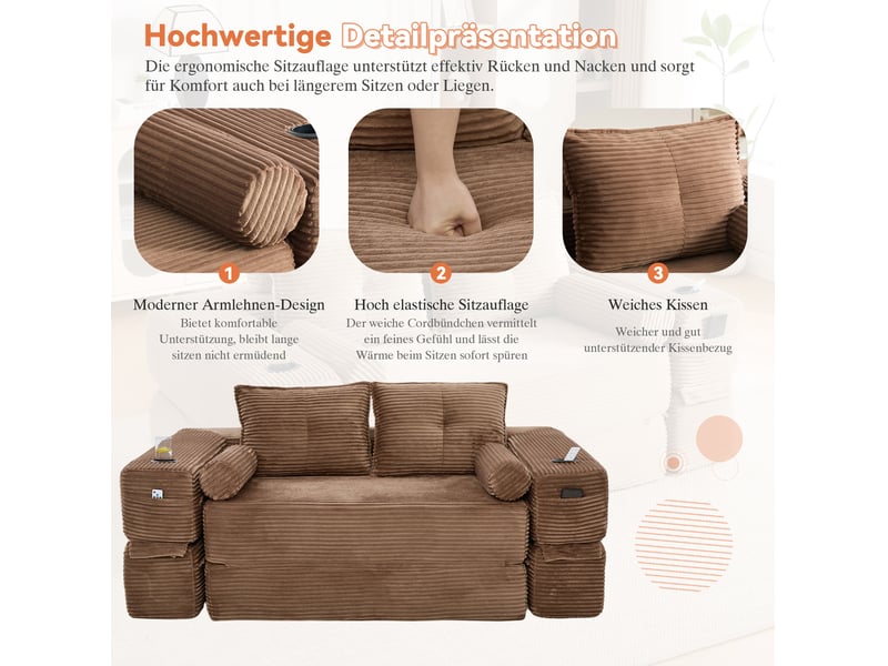Canapé convertible 2 places 180x98x80 cm avec poches et porte-gobelet, pour salon, contemporain, tissu côtelé, marron - Conforama E