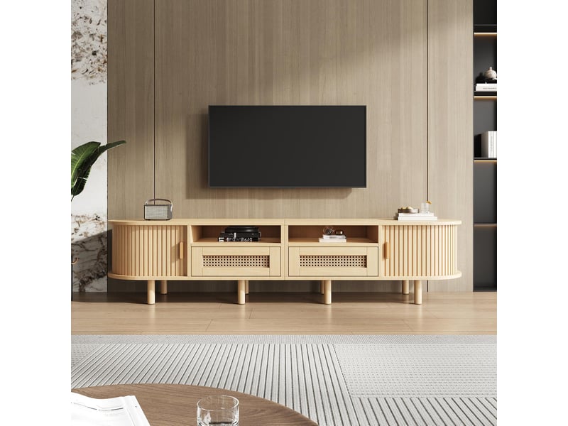  Meuble tv ovale 170x40x40cm chêne clair 2 tiroirs aspect rotin et 2 portes coulissantes  - Conforama D