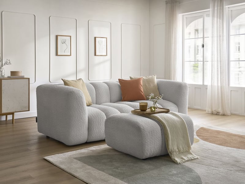  Bobochic canapé droit fixe 3 places talia tissu bouclette avec pouf gris clair TALIA - Conforama B