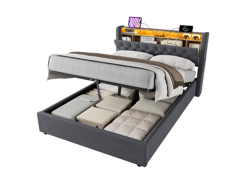  Lit coffre ulevr rembourré 140 x 200 cm, velours holland gris, led, ports usb-ausb-c et étagère de tête de lit  - Conforama A