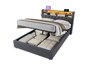 Lit coffre ulevr rembourré 140 x 200 cm, velours holland gris, led, ports usb-ausb-c et étagère de tête de lit