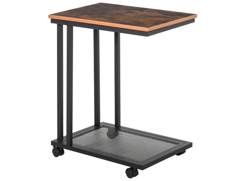  Table d’appoint c-forme à roulettes en bois et métal noir noyer 51x36x65 cm pour salon et cuisine  - Conforama A