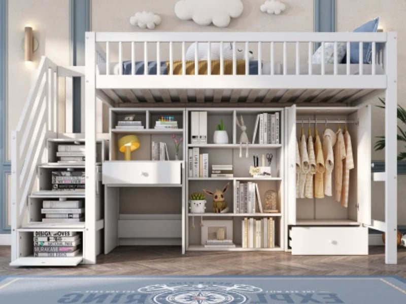  Lit enfant 90×200cm, multifonction, bureau + escalier + armoire, bois massifmdf, blanc  - Conforama B