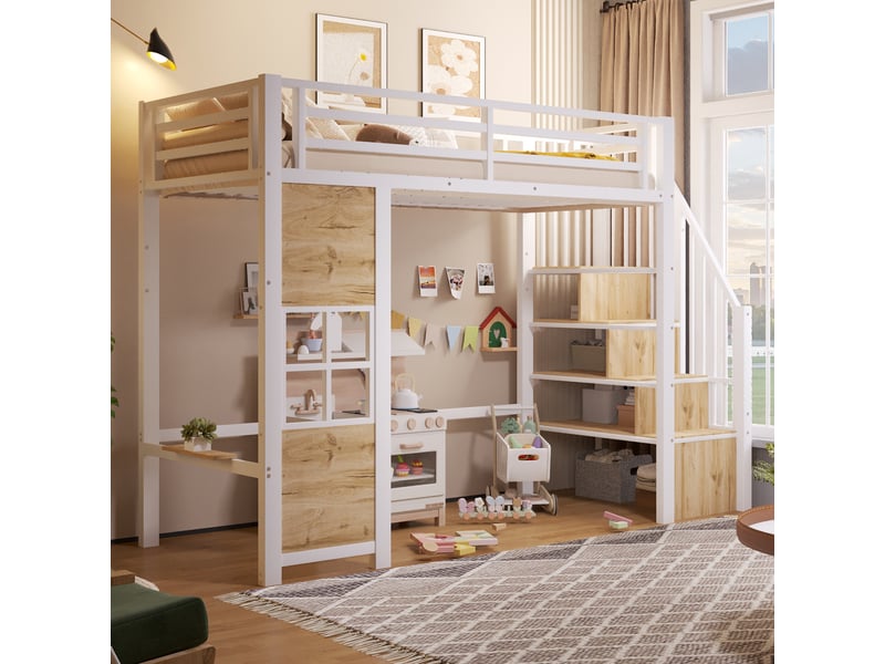  Lit mezzanine enfant 90x200 cm en métal et mdf avec escalier de rangement, fenêtre, étagères, garde-corps et espace de jeu, blanc  - Conforama B