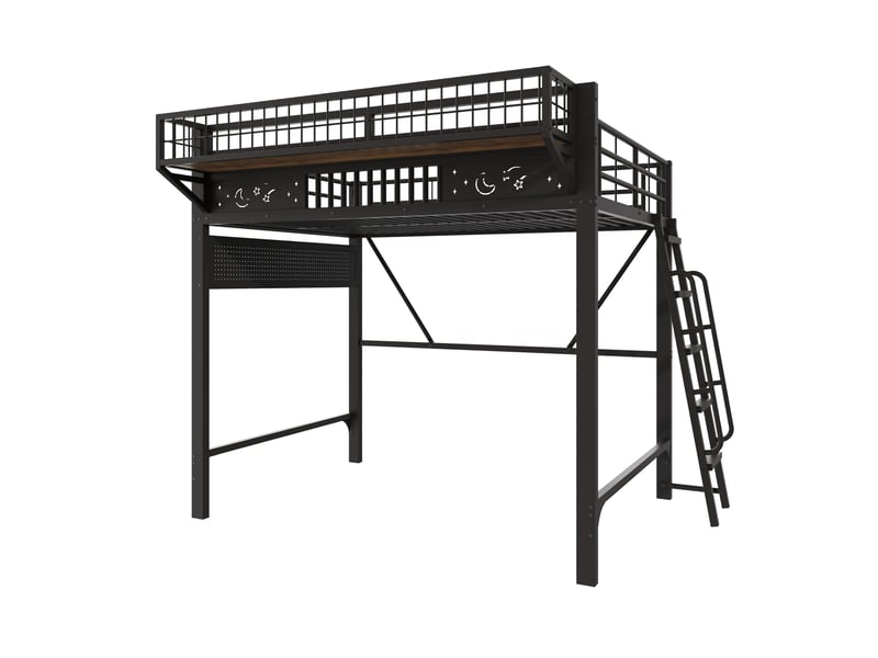  Lit mezzanine 140x200 cm, rangement latéral, espace inférieur ouvert, échelle réversible, métal noir, sans matelas  - Conforama A