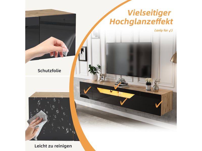  Meuble tv mural suspendu noir et bois naturel 180x37x36 cm avec led, 3 niches de rangement pour tv jusqu'à 75 pouces  - Conforama D