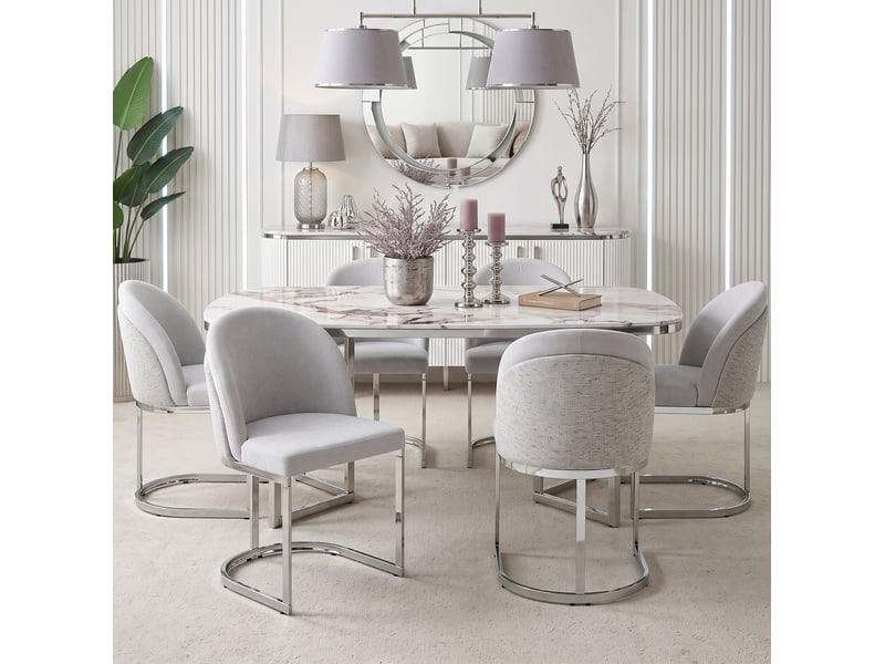  Chaise de salle à manger lot de 4 avec dossier double et assise rembourrée en chenille gris clair et argenté  - Conforama B